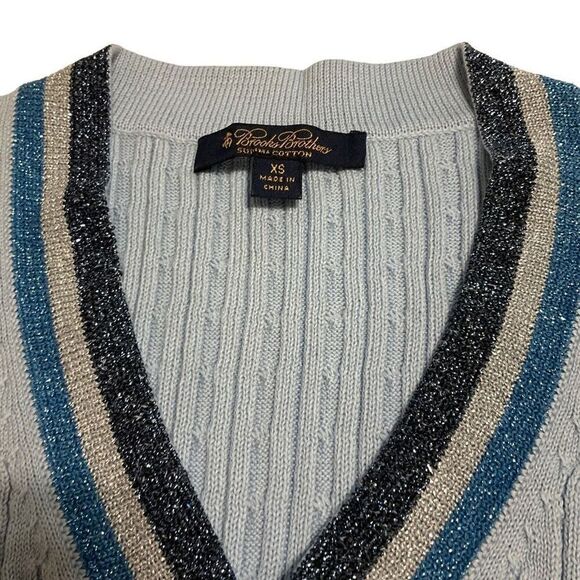 Brooks Brothers Cabled V Neck Sweater Vest with Sparkle Trim. Light Blue. XS. Pr - Picture 4 of 9